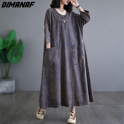 DIMANAF Winter Autumn Plus Size Women Denim Dress Cotton Casual Vintage Long Sleeve Loose Oversized Dress Pockets