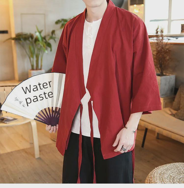 Men's Zen Buddhist Hanfu Jacket: Three-Quarter Sleeves, Slanting Collar, Summer Style, Ancient Chinese Tea Clothing, Cotton & Linen Taoist Robe.