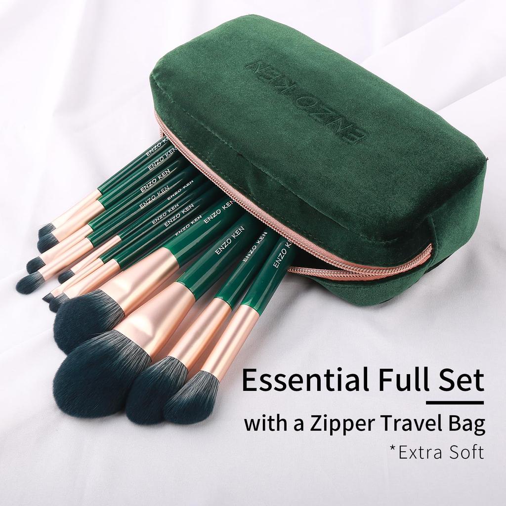 ENZO KEN Grünes professionelles Make-up-Pinsel-Set mit Reiseetui, smaragdgrünes veganes Lidschatten-Pinsel-Set, superweiches Haar, Reise-Kosmetikpinsel-Set, 12 Stück mit