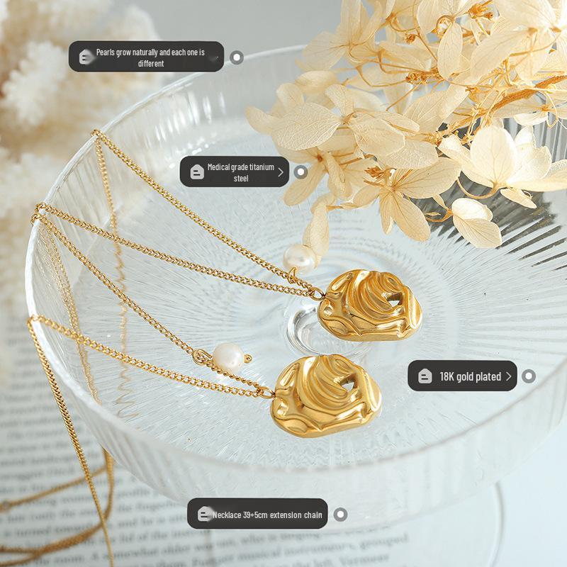 Abstract Art Irregular Pendant Freshwater Pearl Necklace for Women - Gold-Plated Titanium Steel