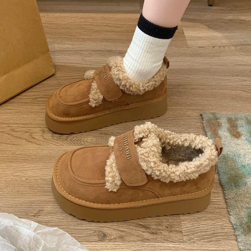 Thick-soled snow boots, new winter piled and thickened warm Birkenstock fluffy shoes, Velcro bread cotton shoes