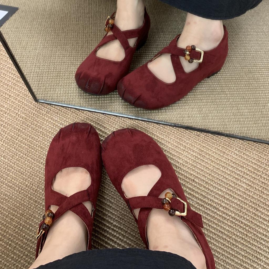 IPPEUM Women Mary Janes Shoes Red 2025 New Ballet Flats Round Toe Pumps