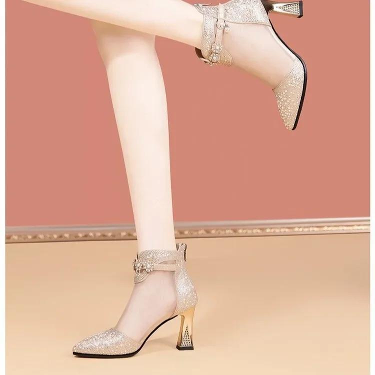 Summer Women Fashion Pointed Mesh Breathable Rhinestone High Heel Korean Style Comfortable Cool Boots for Women Sandals