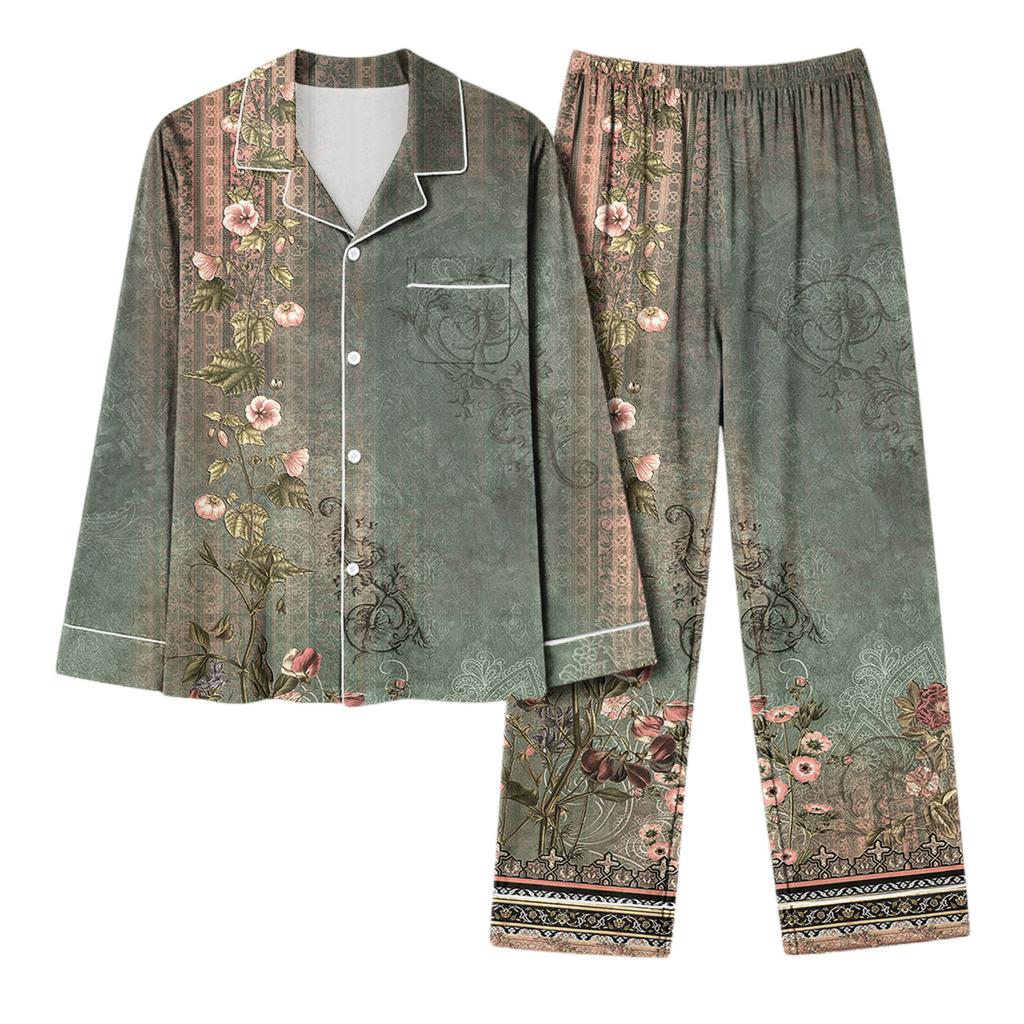 Women's Casual Fashion Vintage Print Long-Sleeved Top And Trousers Homewear Set