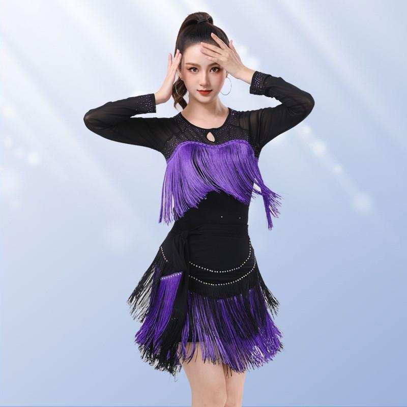 Womens Latin Dance Top With Fringe Rhinestone Embellishment Long Sleeve Modern Ballroom Costume