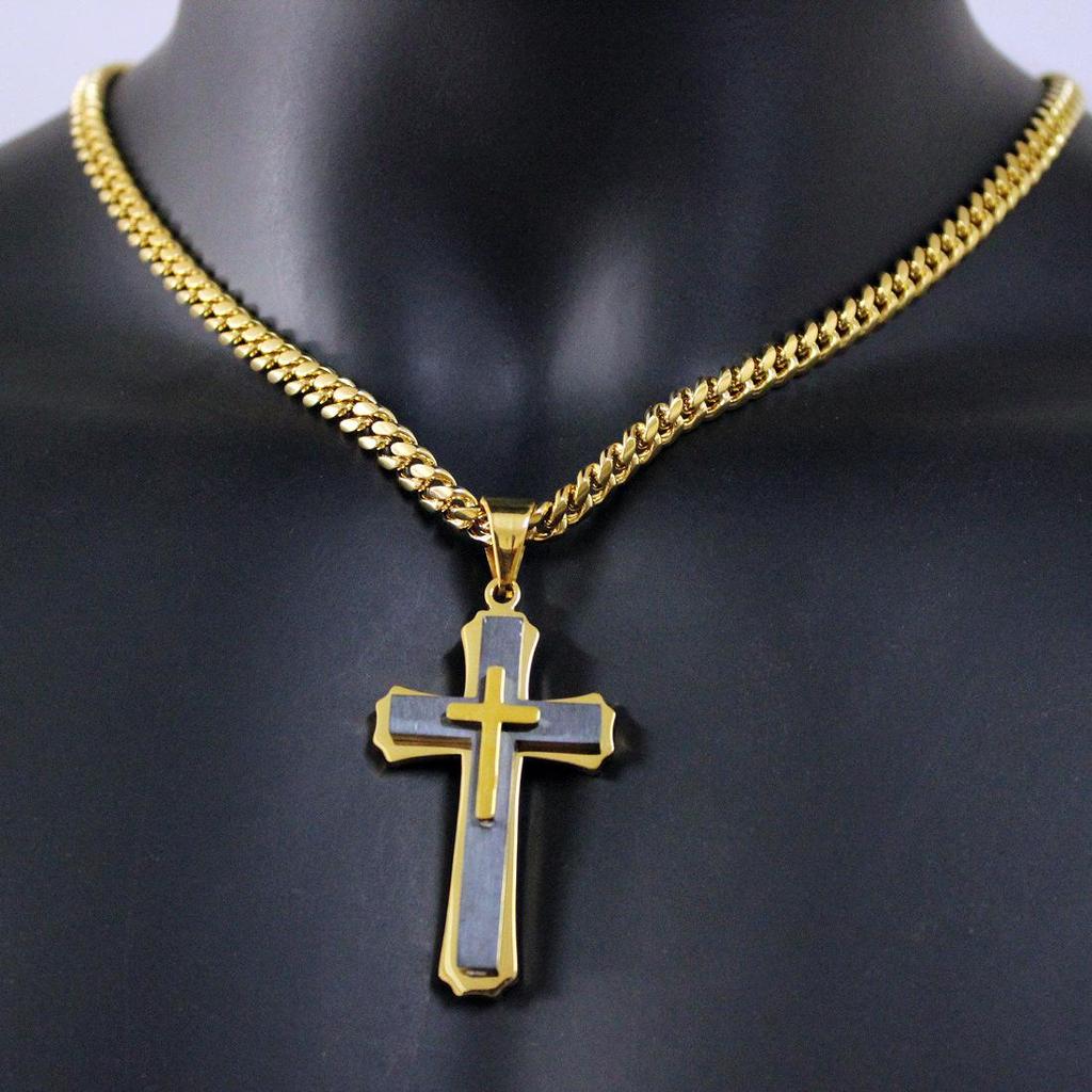 Collana con Pendente a Croce in Acciaio Inossidabile e Catena a Maglie Cubane da 18-24 Pollici per Uomini Donne Coppie Fidanzato Marito Gioielli Stile Punk 3-5mm