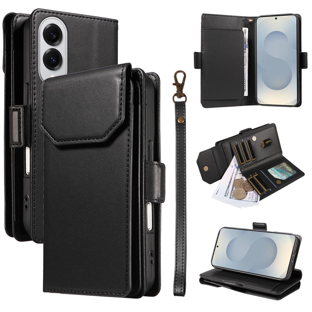 For Samsung Galaxy S25 Edge Case with Multi-Card Holder and Strap PU Leather Phone Cover Stand