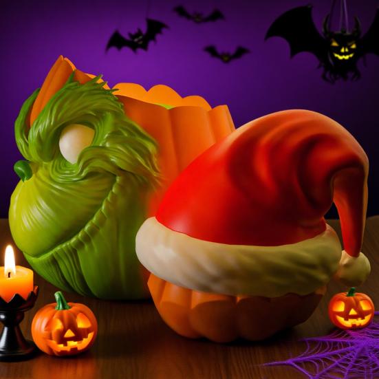Halloween Pumpkin Face Statue Spooky 3D Printed Green Elf Pumpkin Figurine Collectible Christmas Ornament for Home Decor