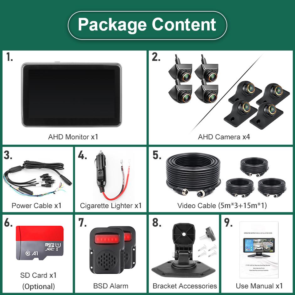 7 Inch Touch Screen 4 Channels Split Screen BSD Radar Alarm Car DVR Recorder Parking Monitor With 4PCS 1080P AHD Backup Camera