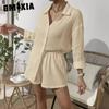 GMXIA Women's Spring and Summer Fashion Solid Colour Long-sleeved Shirt Suit Women Casual Loose Shorts Two-piece Set