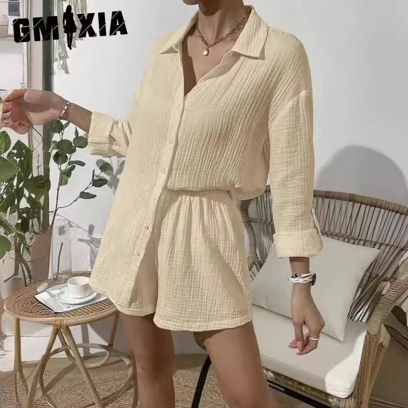 GMXIA Women's Spring and Summer Fashion Solid Colour Long-sleeved Shirt Suit Women Casual Loose Shorts Two-piece Set