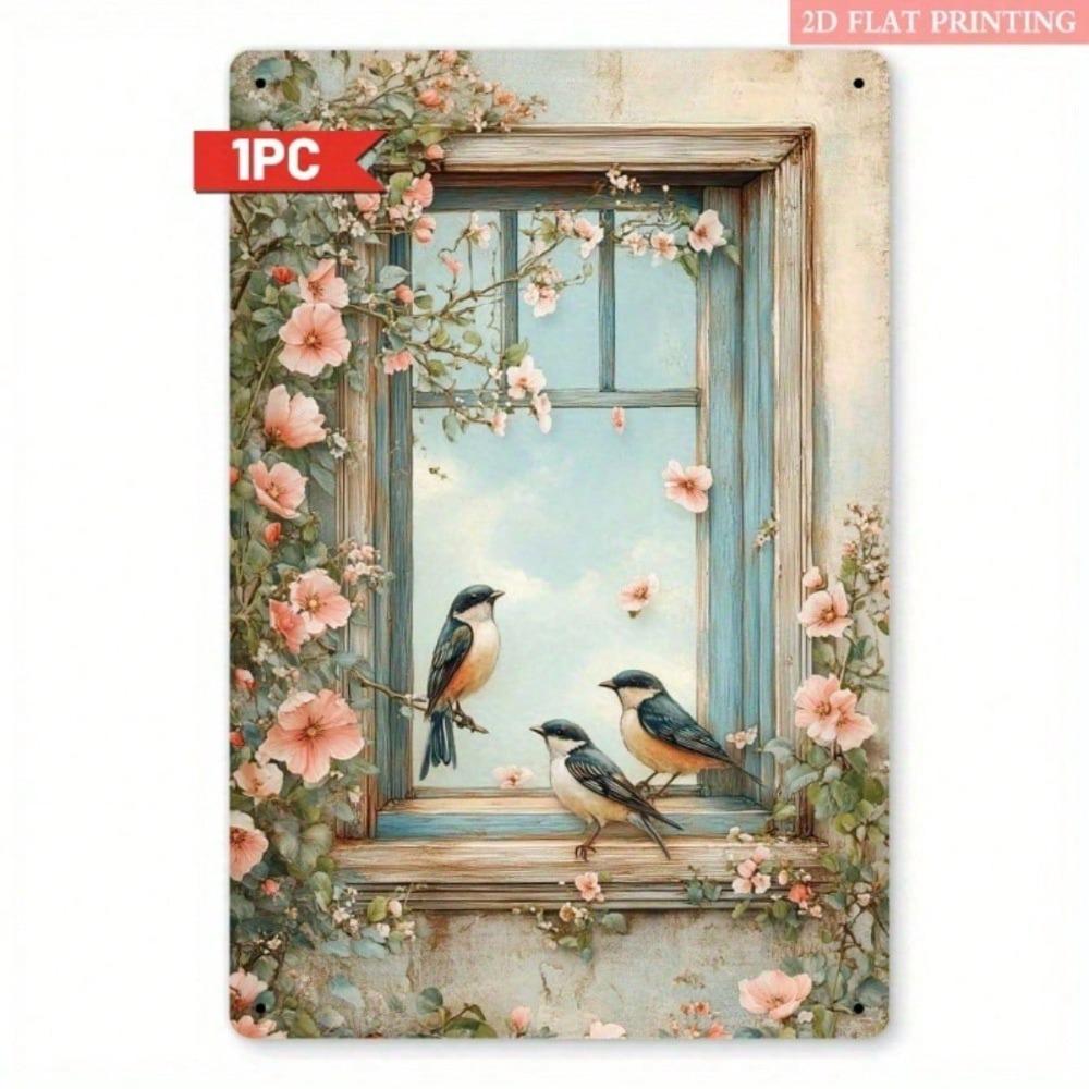 Vintage Rustic Birds Flowers Window Iron Wall Art 3D Visual Effect Home Decor 8x12 Inch