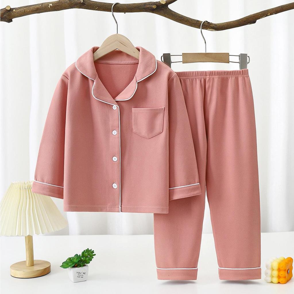 Toddler Baby Kids Unisex Casual Pajama Suit Boy Long Sleeve Front Pocket Lapel Tops+ Long Pants Girl Pajama Sets 1-16 Years