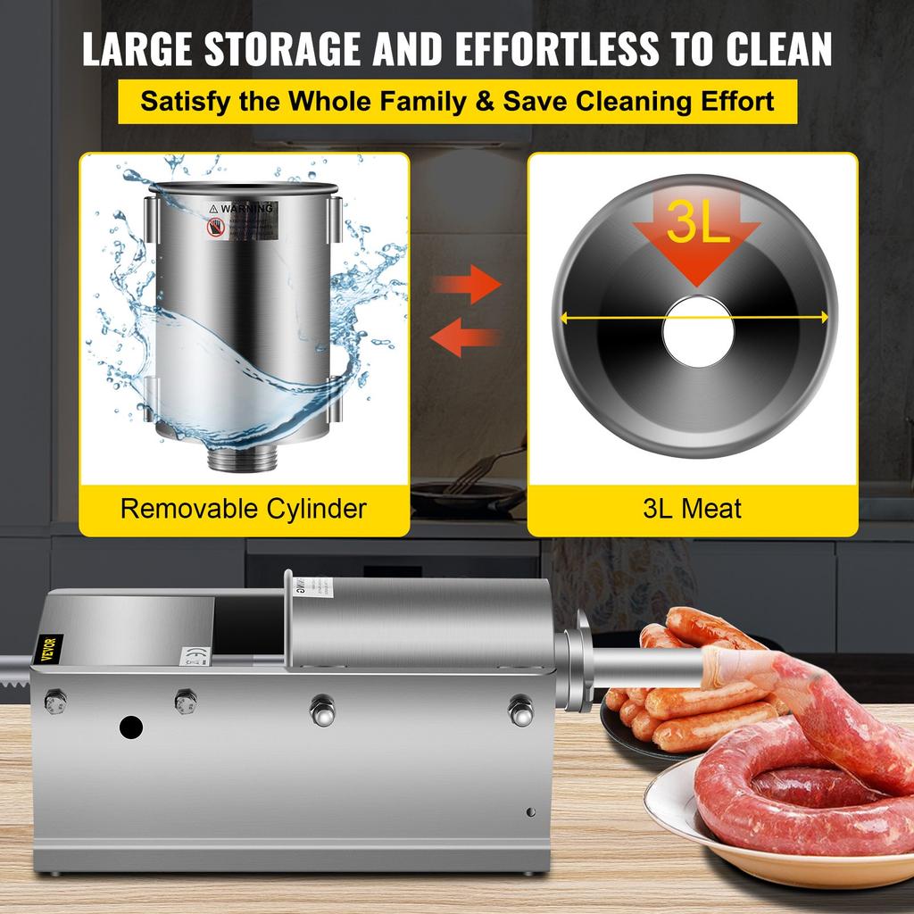 VEVOR Manual Sausage Stuffer, 3 L / 7 LBS Horizontal Sausage Machine, Dual-Speed Meat Stuffer, Made of Food-Grade 304 Stainless Steel