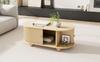 Tavolino da Caffè Ovale con Contenitore e Ante Scorrevoli, Mobile Multifunzionale Salvaspazio in Colore Legno