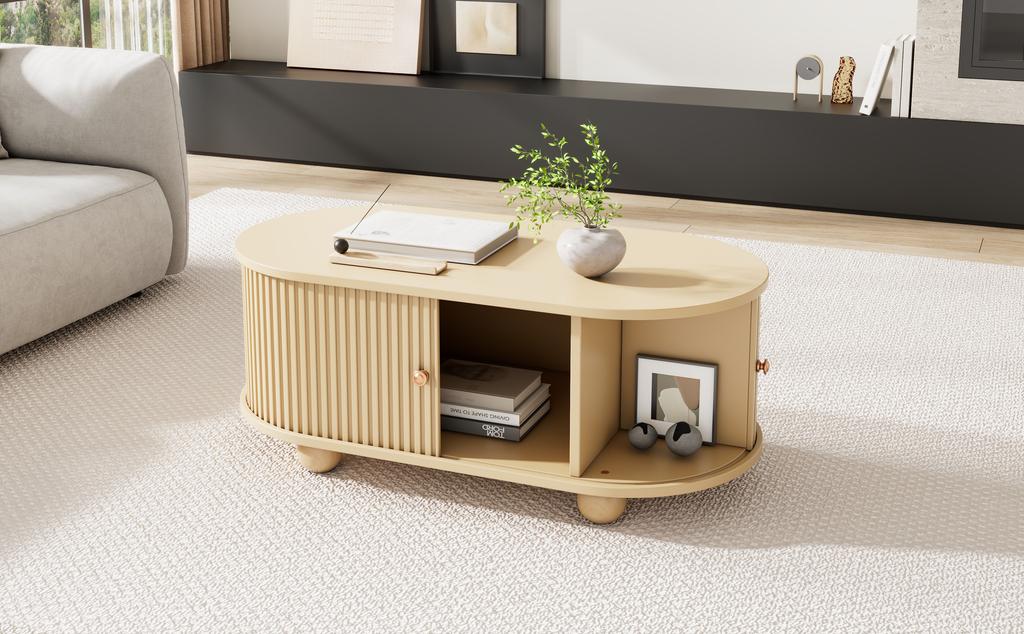 Tavolino da Caffè Ovale con Contenitore e Ante Scorrevoli, Mobile Multifunzionale Salvaspazio in Colore Legno