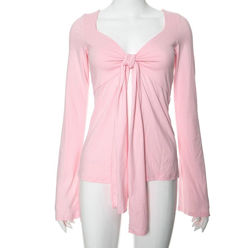 

GMXIA Женская осенняя однотонная футболка кроп-топ с разрезом и рукавами-клеш с узлом S розовый