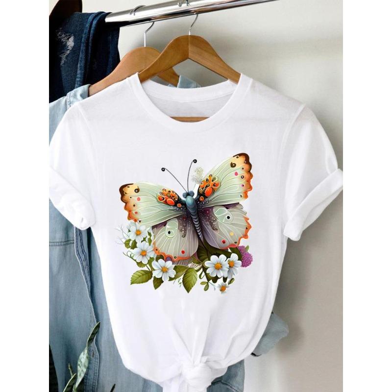 (European Size)90s Women Flower Watercolor Lovely Trend Short Sleeve Fashion Print Lady Tee Top Clothing Casual Tshirt Female Graphic T-shirts