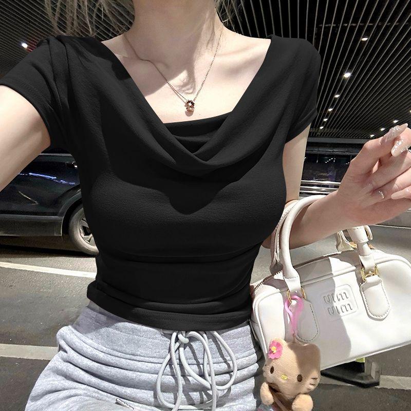 Summer Solid Color Beach Versatile Women s Short Sleeved T-shirt Casual Lightweight Breathable Sexy Women s Top S чёрный