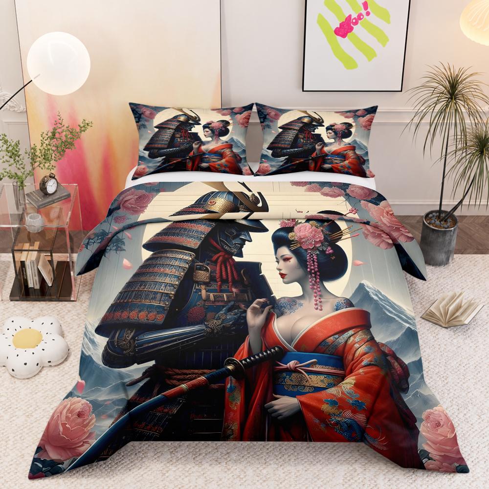 Japanese Samurai and Geisha Duvet Cover Set 3 Piece Ukiyo-e Art Peony Bedding Set Katana Kimono for Adults Bedroom Decor