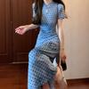 New Chinese-style Dress Women's Buds Handsome Pine Streams Shining Waves Improved Cheongsam Waist Water-drop Collar Long
