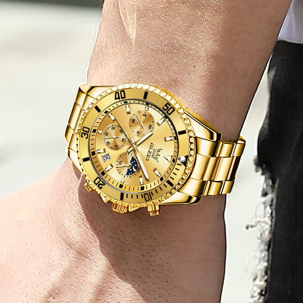 OLEVS Quartz Stainless Steel 30M Water Large Gold Date Unidirectional Rotating Bezel Men's Watch, Band, Resistant, Dial, Analog, Display,