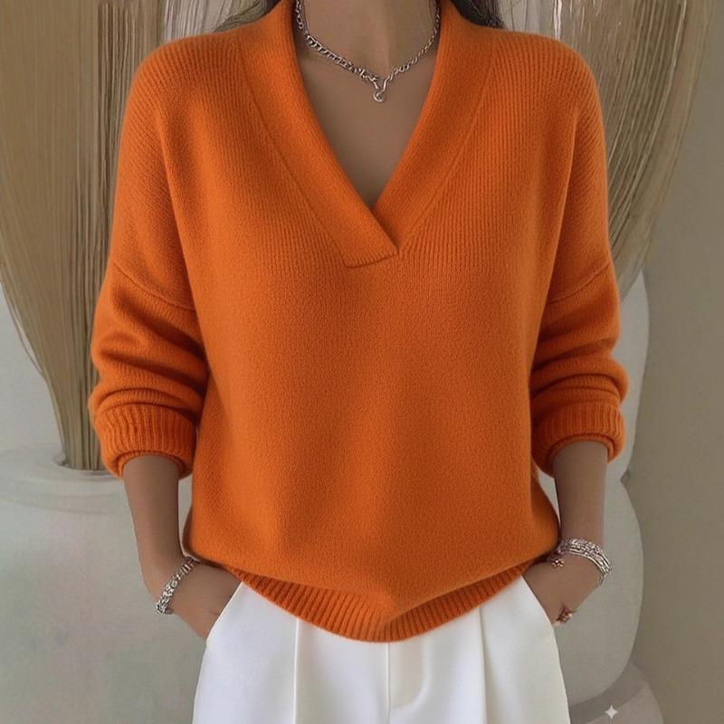 2025 Knitted V-neck Loose Sweater Autumn and Winter New Solid Color Casual Fashion Women's Sweater