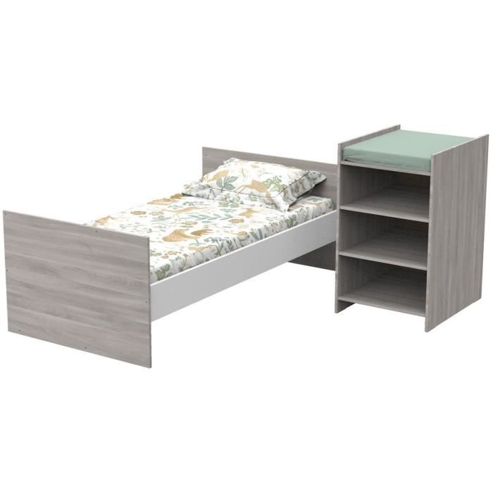 Kombi-Babybett - 120x60cm - Umbaubar auf 90x190cm - Babyprice Up - Flint Oak - Mit Wickeltisch und Regal