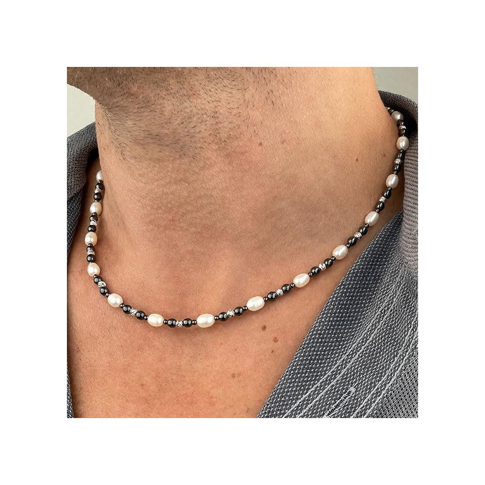 Men's Hematite & Imitation Pearl Beaded Necklace – Versatile Style