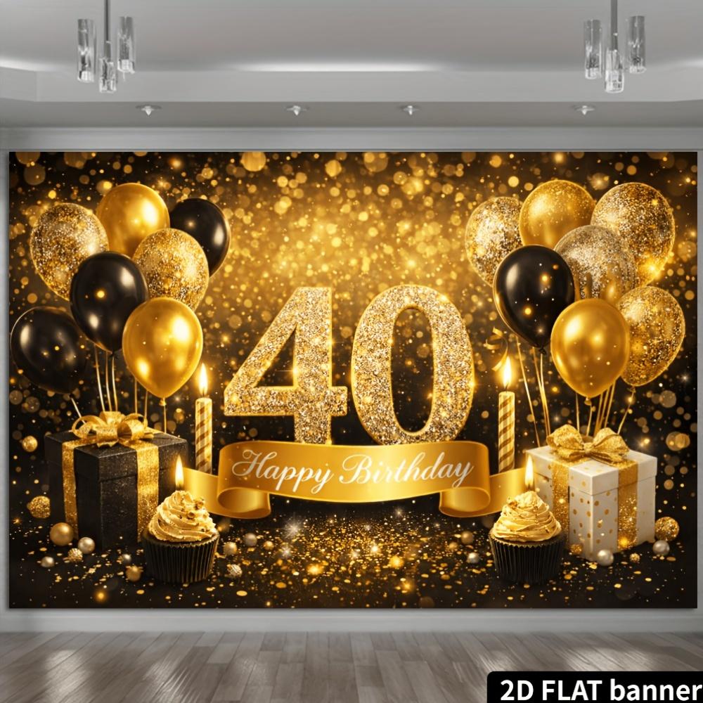 2D-Ebene 40. Geburtstag Party Banner Hintergrund mit Schwarz-Gold-Glitzer-Thema, hergestellt aus strapazierfähigem Polyestermaterial