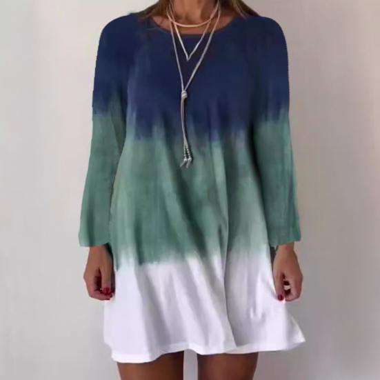 Dámské šaty s dlouhým rukávem s barevným přechodem, potištěné šaty volného střihu, pulovr s kulatým výstřihem