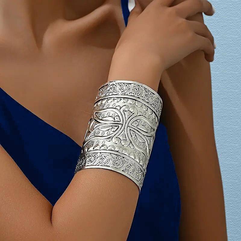 Винтажный открытый браслет из сплава Цыганский широкий браслет с резьбой Панк-стиль Покрытые ювелирные изделия серебряный серый