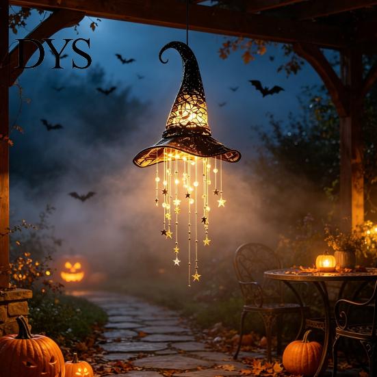 Adereços Pendurados para Festa de Halloween Sino de Chapéu de Bruxa Iluminado, Ornamento Oco Brilhante com LED com Ornamentos Assustadores para Entrada Franjas de Estrela, Chapéu de Bruxa,