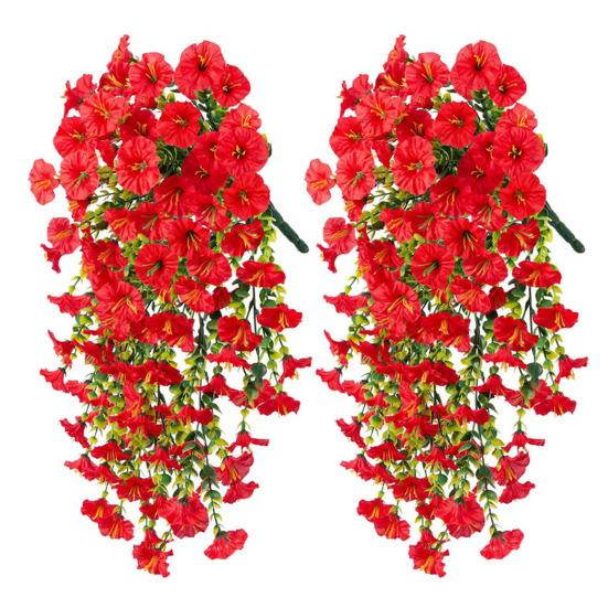Artificial Flowers for Outdoor, Fake Hanging Morning Glory with Eucalyptus Leaves, UV Resistant Faux Plants Petunias Trailing Vines for Porch, Patio,