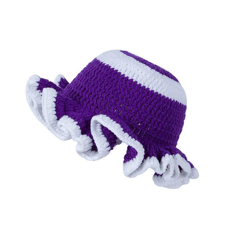 New Colorful Crochet Ruffle Brim Knit Bucket Hats Winter Woman Handmade Stretch Fisherman Cap Outdoor Warm Windproof Beanie Hat