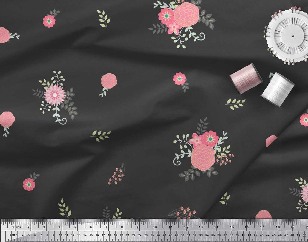 Soimoi Japan Crepe Satin Fabric Leaves,Aster & Camellia Flower Printed Craft Fabric by the Metre 42 Inch