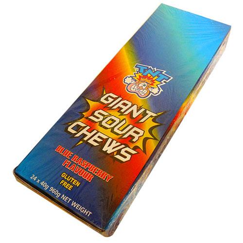 Obří kyselé žvýkací tyčinky TNT (24x40g) (Modrá malina)