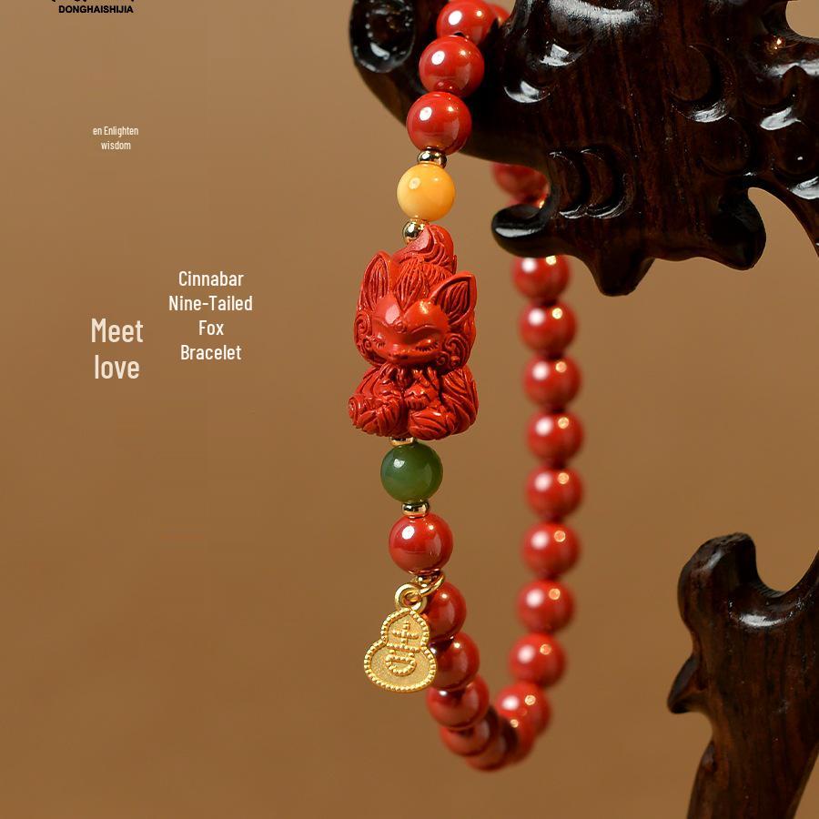 Zinnober Neunschwanzfuchs Anhänger Armband mit Bernstein, Hetian-Jade & Jaspis Perlen für Damen & Herren