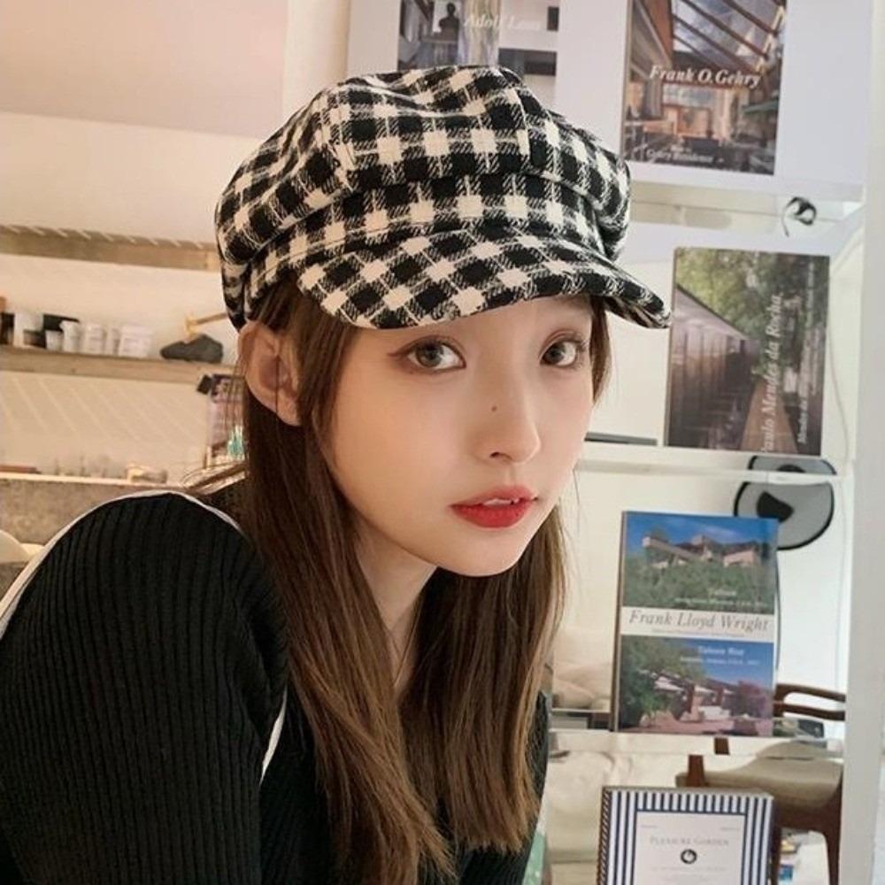 Keep Warm Women Painter Hat Small Fragrant Style Women Octagonal Cap Retro Plaid Beret Hat  Girl