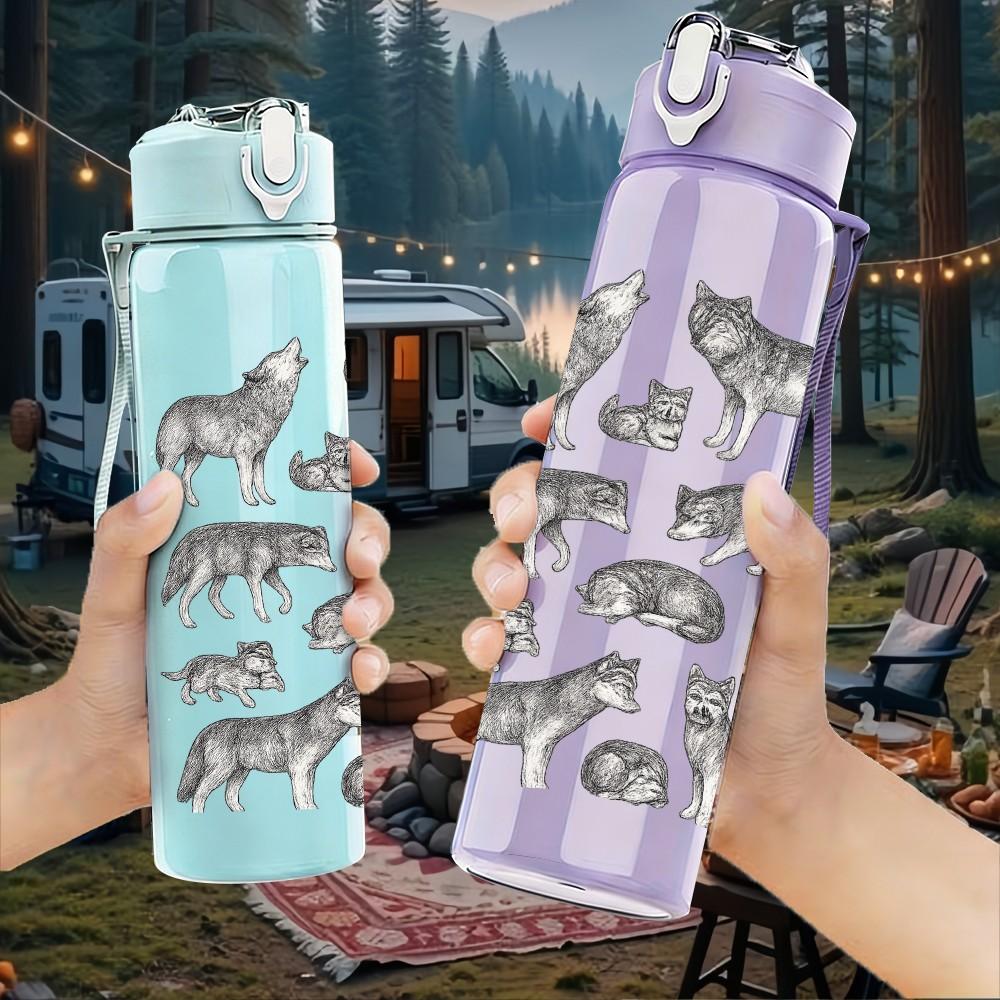 1PC Wolf Pack Silhouette Art 750ml Color Plastic Sports Water Bottle Leakproof Flip Straw Lid Suitable for Sports Office Home Use