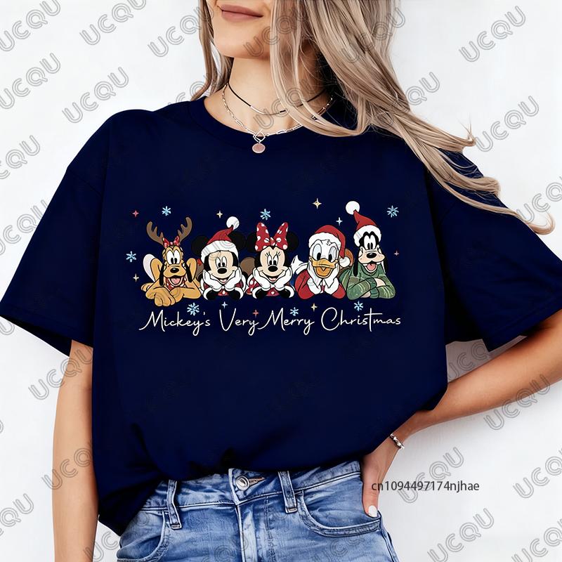 Christmas Family Mickey Mouse Print Cotton Tshirt For Women Summer Short Sleeve Oneck Tees Casual Oversized Couple Tops