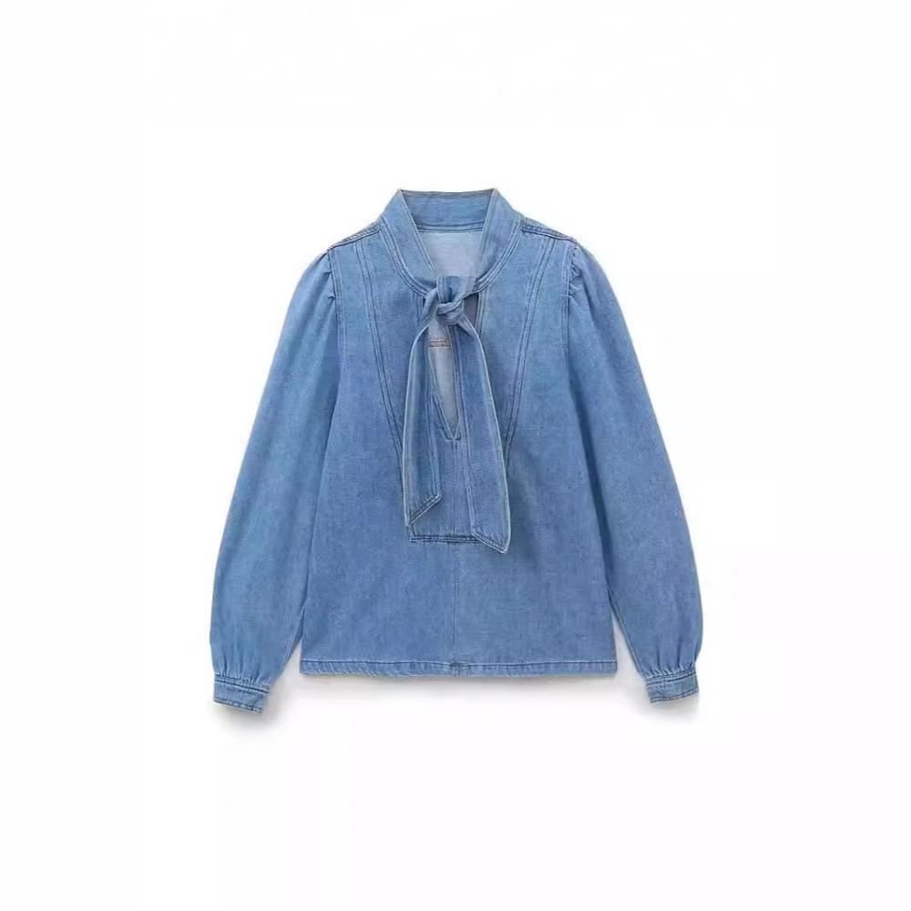 

Новая женская высококачественная модная рубашка в ковбойском стиле с бантом и воротником-стойкой S синий