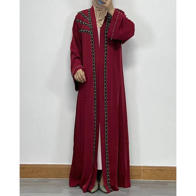 F323 Cross-Border Foreign Trade Women clothes Long dress Dubai Embroidery Lace Nail Pearl Cardigan Robe in Stock Ethnic Style