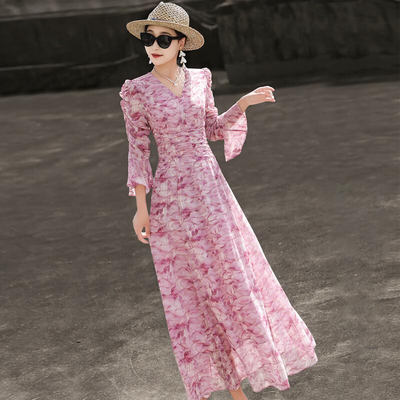 Lansere French Floral V-Neck Ruffle Sleeve A-Line Midi Dress S