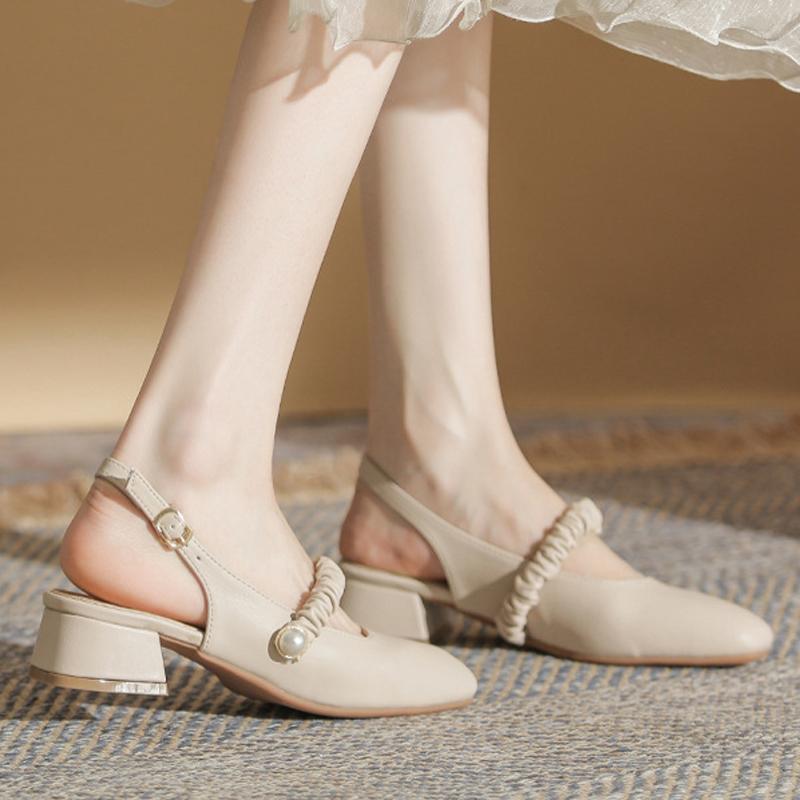 

Fashion Elegant Ladies Ankle Strap Sandals Women Slingback Block High Heels Shoes Pleated Band Sandalias Women Office Dress Mary Janes 34 абрикосовый