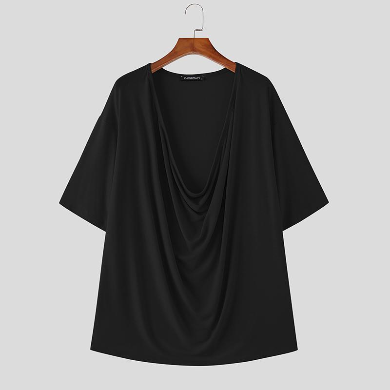 INCERUN Oversized Summer Men Swing Collar Short Sleeve Casual Loose Solid Tops Tee T-shirts S чёрный