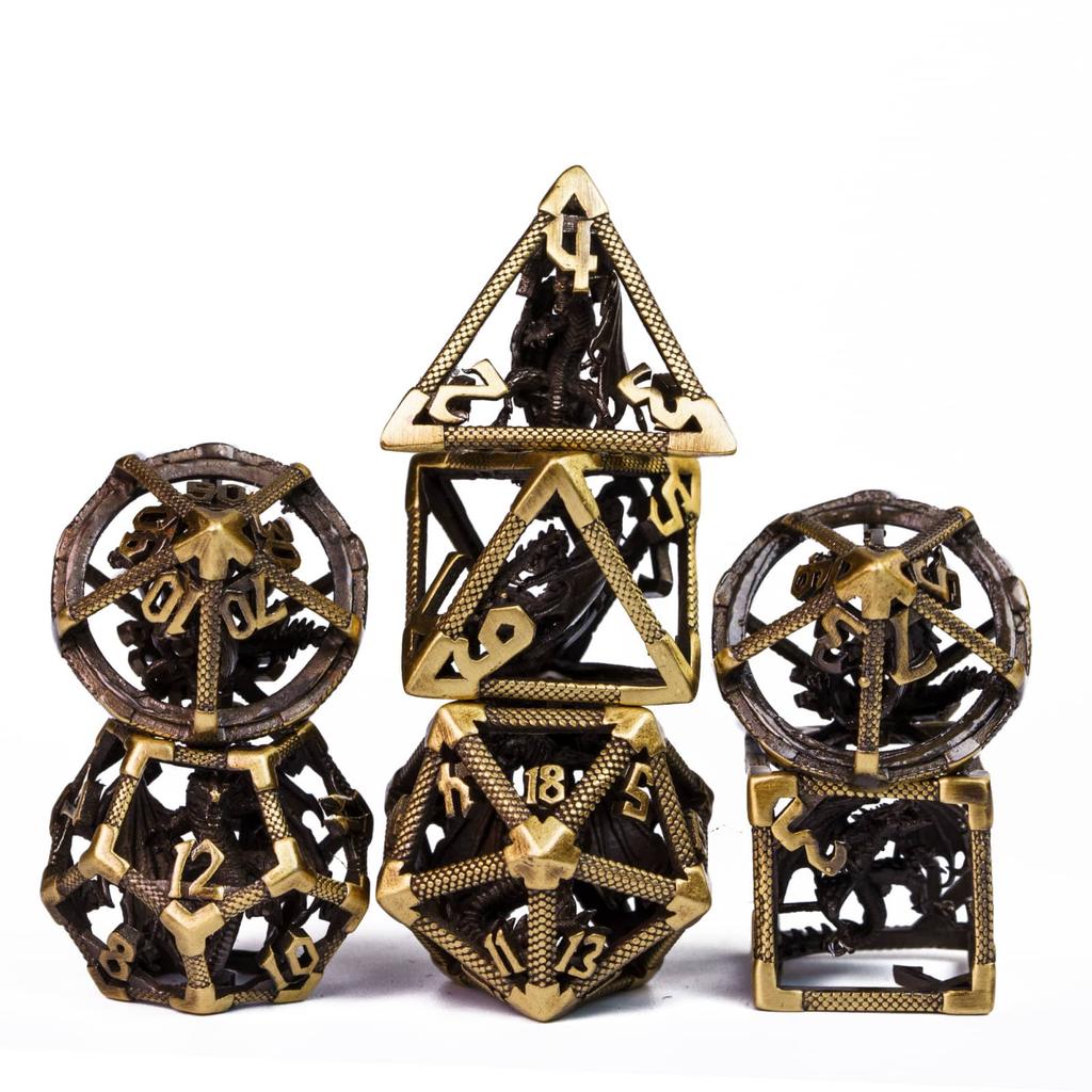 Cusdie Dračí duté kovové DND kostky 7 ks D4-D20 Polyedrická sada kostek se železnou krabičkou pro RPG hru Pathfinder Stolní hry