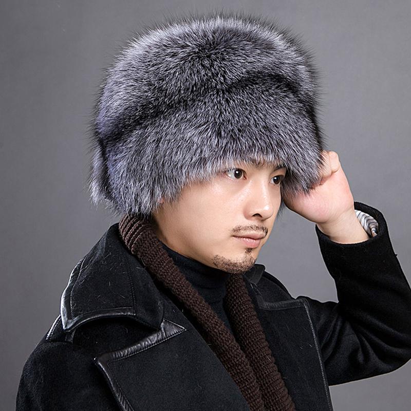Fox Fur Hat Men's Winter Fur Mongolian Cap 100% Genuine Fox Fur Bomber Hats Warm Ear-protecting Ski Hat