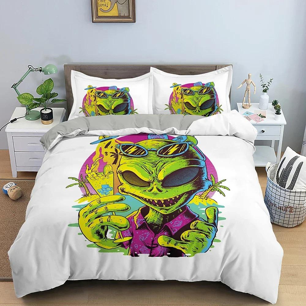 Mysteriöses UFO Alien Bettwäsche-Set Luxuriöse Bettwäsche Cartoon-Druck Polyester Bettbezug mit Kissenbezug für Schlafzimmerdeko