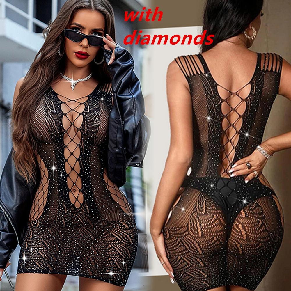 Sexy Diamond Mini Dress Women Lingerie Babydoll Sexy Erotic Temptation Strapless Hollow Sleeveless Catsuit Nightgown Chemises